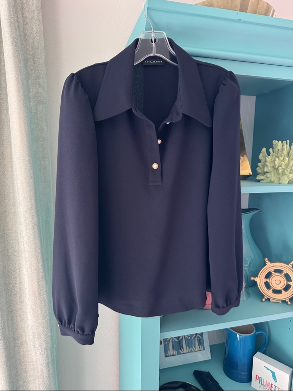 Tara Jarmon Navy Long Sleeve Collared Pearl Button Blouse